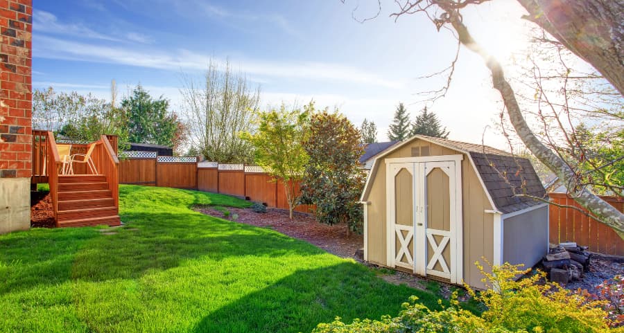 Fenced backyard with storage shed in Albany